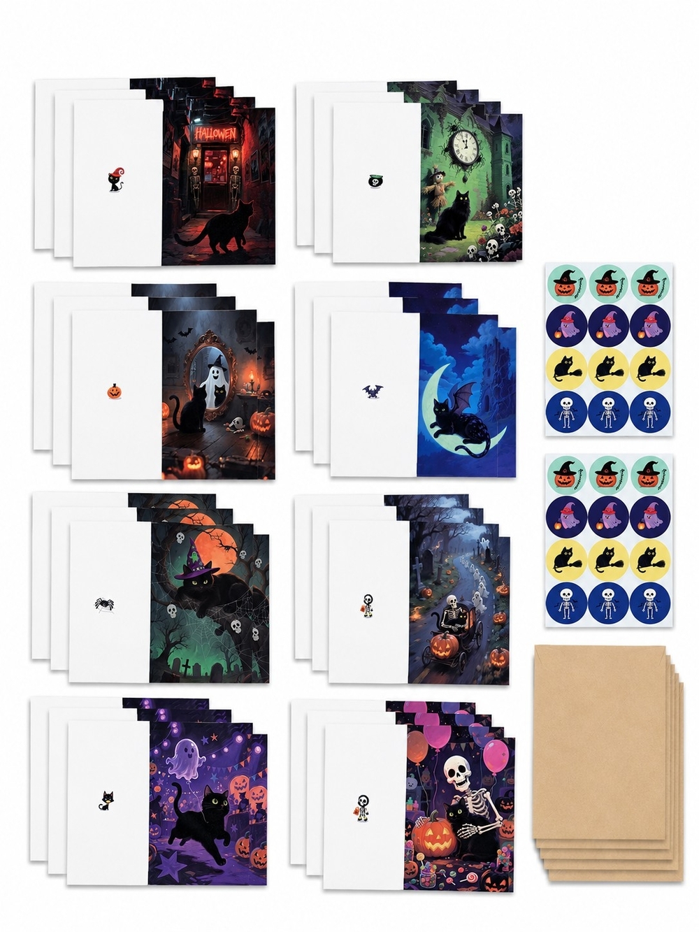 24 Black Cat Halloween Greeting Cards Envelopes Stickers Spooky Set - Picture 1 of 2